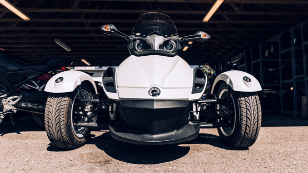 Front view of a three-wheeled motorcycle